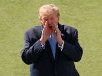 MEDINAH, ILLINOIS - SEPTEMBER 27: U.S. President Donald Trump reacts to the crowd on the first tee during Sunday's Singles on day four of the Presidents Cup 2026 at Medinah Country Club on September 27, 2026 in Medinah, Illinois.