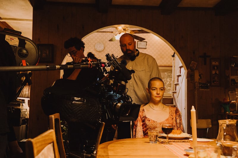 Yorgos Lanthimos and Emma Stone on the set of Bugonia.