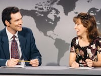 Norm MacDonald and Cheri Oteri during a "Weekend Update" skit on the October 21, 1995, episode of "Saturday Night Live."