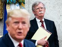 WASHINGTON, DC - JULY 18 : National Security Advisor John R. Bolton listens as President Donald J. Trump meets with Prime Minister of the Netherlands Mark Rutte in the Oval Office at the White House on Thursday, July 18th, 2019 in Washington, DC. (Photo by Jabin Botsford/The Washington Post via Getty Images)
