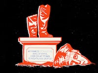 Illustration of a ruined statue of Donald Trump with the text from Ozymandias on its base