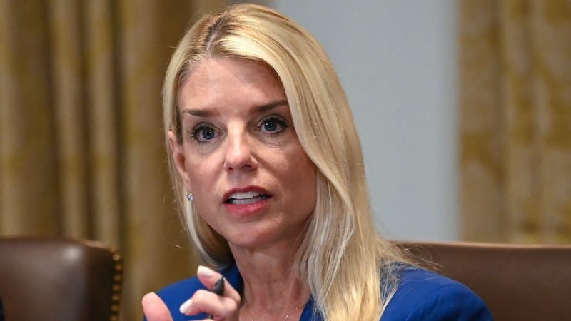 Attorney General Pam Bondi speaks during a cabinet meeting hosted by President Donald Trump at the White House on July 8, 2025 as she faces fire over the Epstein files.