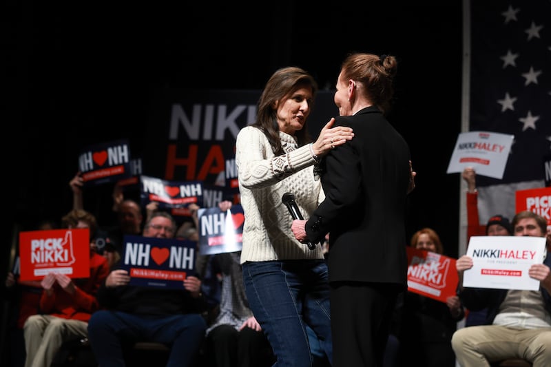 EXETER, NEW HAMPSHIRE - JANUARY 21: Republican presidential candidate, former U.N. Ambassador Nikki Haley, is greeted by Judge Judy Sheindlin after Sheindlin introduced Haley at a campaign event at Exeter High School on January 21, 2024, in Exeter, New Hampshire. Florida Gov. Ron DeSantis earlier today announced he was pulling out of the Republican race as Haley continues to campaign across New Hampshire ahead of the state's January 23 primary. (Photo by Joe Raedle/Getty Images)