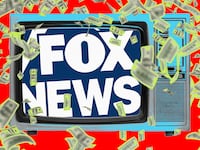 A photo illustration of Fox news and money flying.