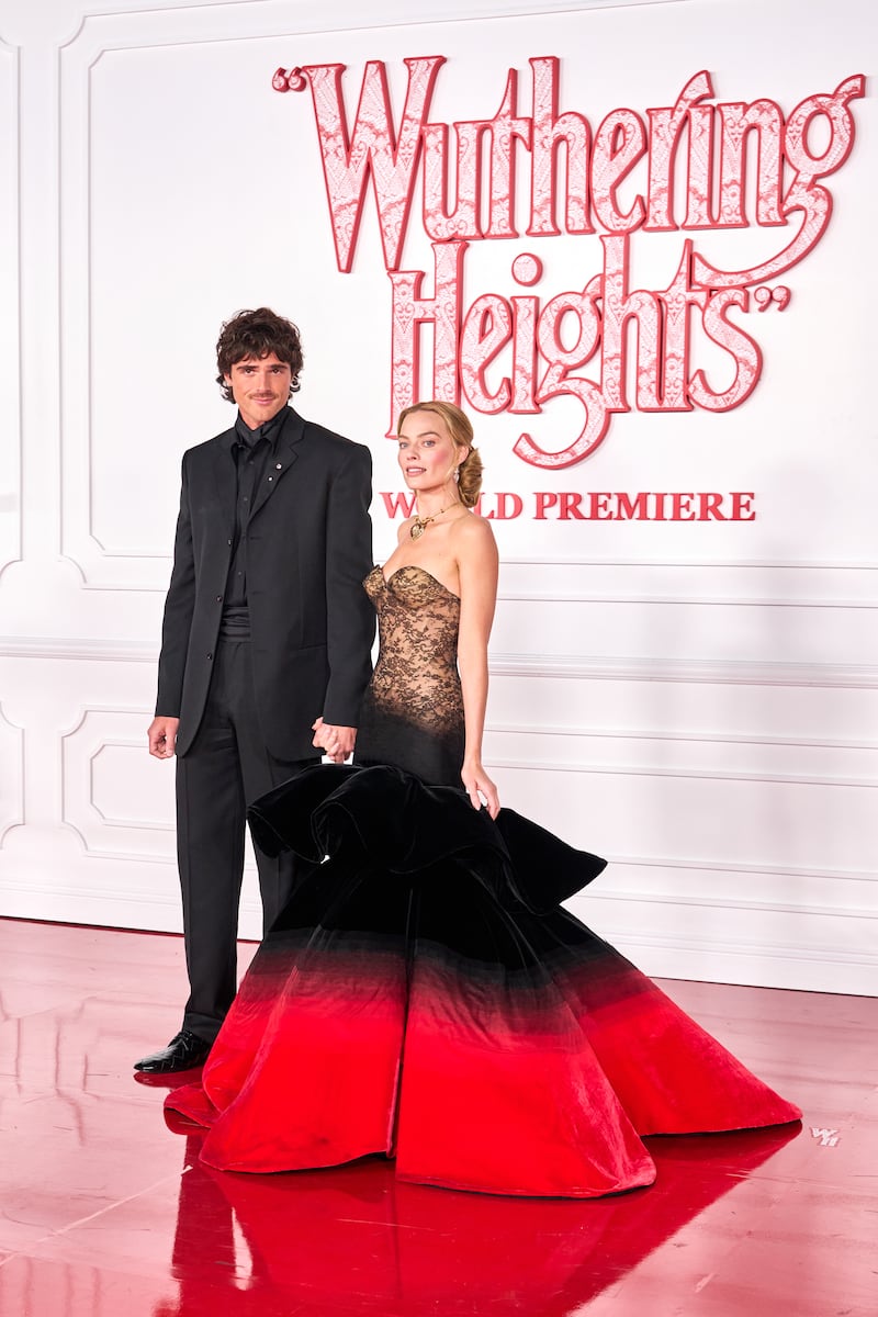 Jacob Elordi and Margot Robbie at the "Wuthering Heights" premiere on January 28, 2026.