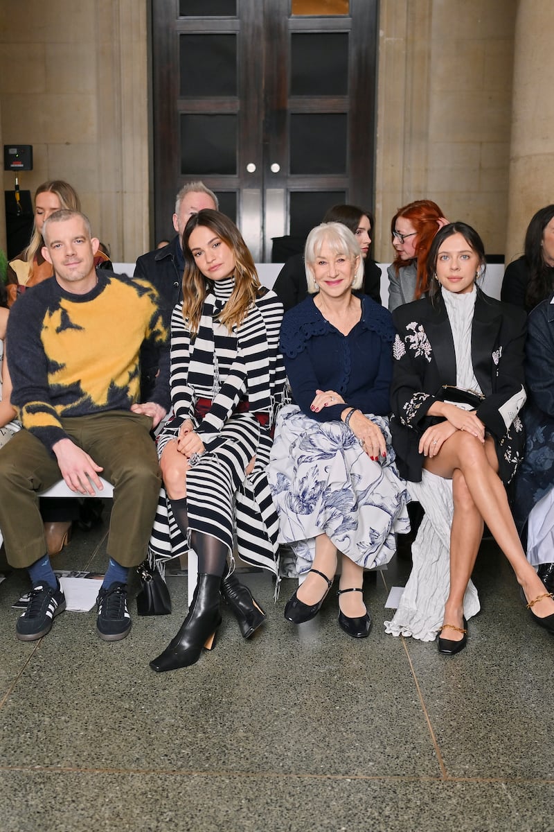 Russell Tovey, Lily James, Helen Mirren, and Bel Powley sit front row at the Erdem show during London Fashion Week at the British Museum on February 22, 2026.