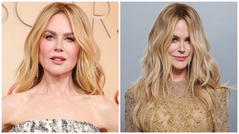 Nicole Kidman at the 2026 Academy Awards red carpet and at the 2026 Vanity Fair afterparty gray carpet.