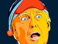 Illustrated Donald Trump wearing a sleep eyemask and a sleep cap