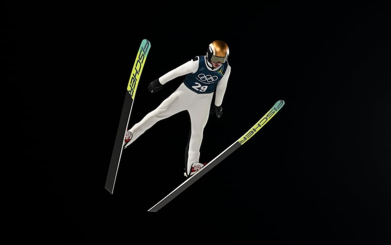 Predazzo , Italy - 8 February 2026; Jason Colby of Team USA in action in the Men's Ski Jumping normal hill training during day two of the Milano Cortina 2026 Winter Olympics at Predazzo Ski Jumping Stadium in Predazzo, Italy.