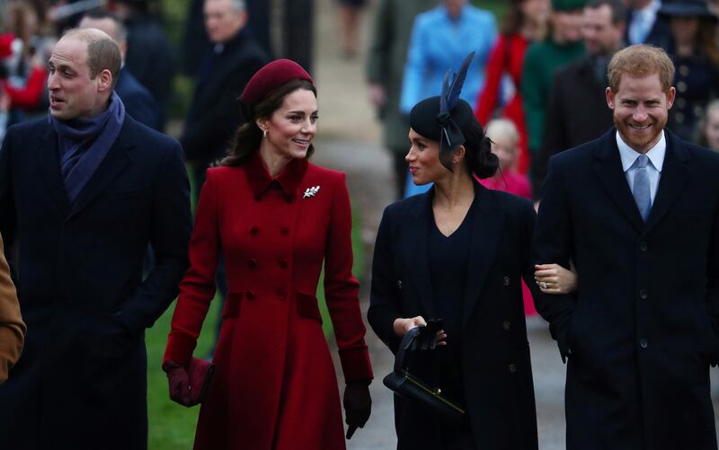 (l to r) Prince William, Kate Middleton, Meghan Markle, and Prince Harry arrive at St Mary Magdalene's church for the royal family's Christmas Day service on the Sandringham estate in eastern England, Britain, December 25, 2018.