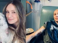 Hailey Merkt smiles with her dog and takes a selfie in hospital bed in side-by-side photos