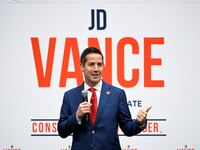 Former Republican senate candidate Bernie Moreno introduces JD Vance and Donald Trump Jr. at an event ahead of next month's primary election in Independence, Ohio, U.S., April 20, 2022.