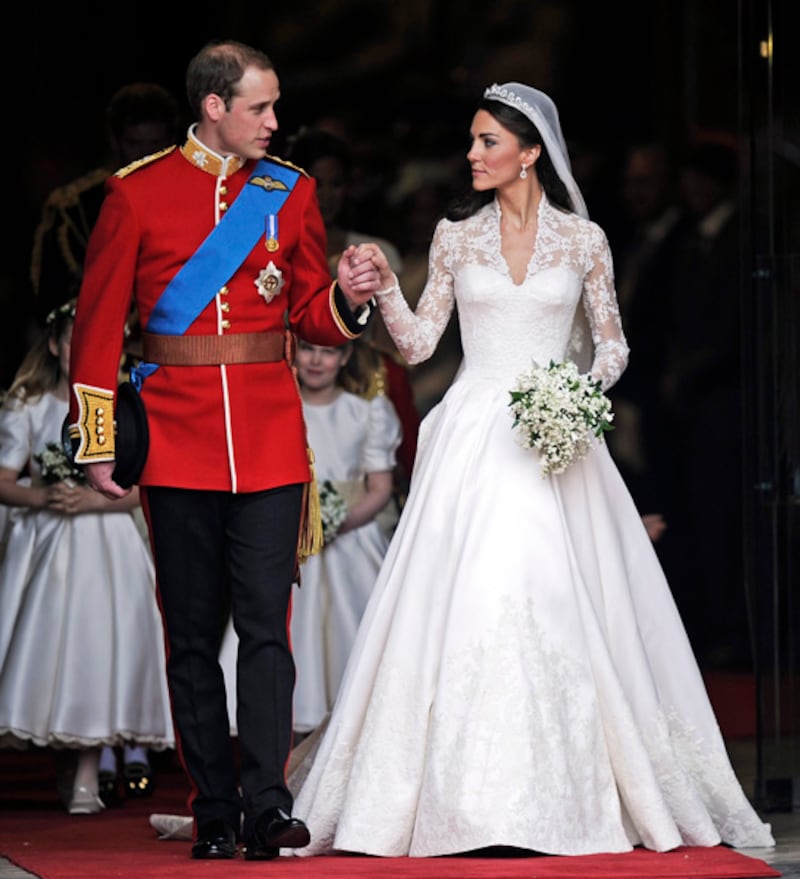Kate Middleton wore a striking long-sleeved gown designed by Sarah Burton for Alexander McQueen for her royal nuptials to Prince William.