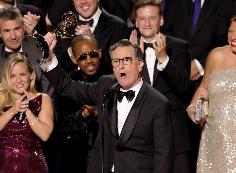 LOS ANGELES, CALIFORNIA - SEPTEMBER 14: Stephen Colbert accepts the Outstanding Talk Series Award for "The Late Show with Stephen Colbert" onstage during the 77th Primetime Emmy Awards at Peacock Theater on September 14, 2025 in Los Angeles, California. (Photo by Kevin Winter/Getty Images)