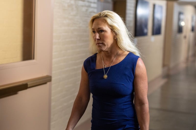 Rep. Marjorie Taylor Greene (R-GA) arrives for a House Republican meeting at the U.S. Capitol on May 20, 2025 in Washington, DC. U.S. President Donald Trump will join conservative House lawmakers to help push through their budget bill after it advanced through the House Budget Committee on Sunday evening.
