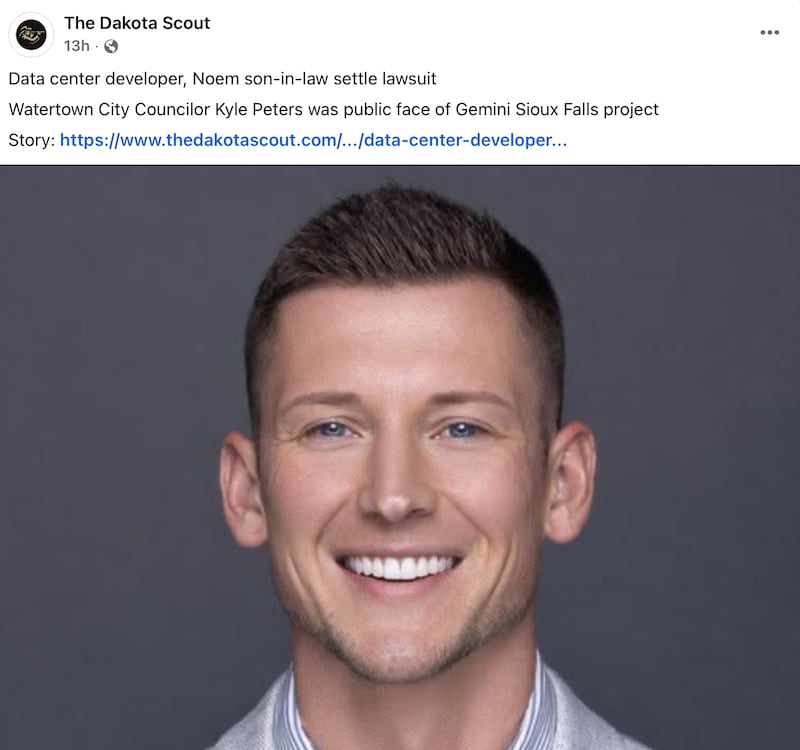Kristi Noem shared a link to a story on her son-in-law Kyle Peters.
