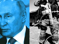 A diptych of Vladamir Putin and a soldier in Kosovo.