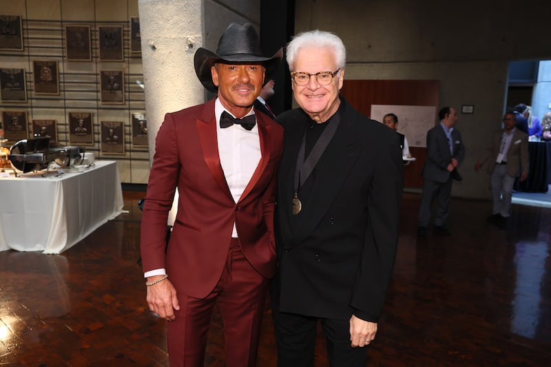 NASHVILLE, TENNESSEE - OCTOBER 18: (L-R) Tim McGraw and Ricky Skaggs attend the Country Music Hall of Fame and Museum Class of 2026 Medallion Ceremony at Country Music Hall of Fame and Museum on October 18, 2026 in Nashville, Tennessee. (Photo by Terry Wyatt/Getty Images for Country Music Hall of Fame and Museum)