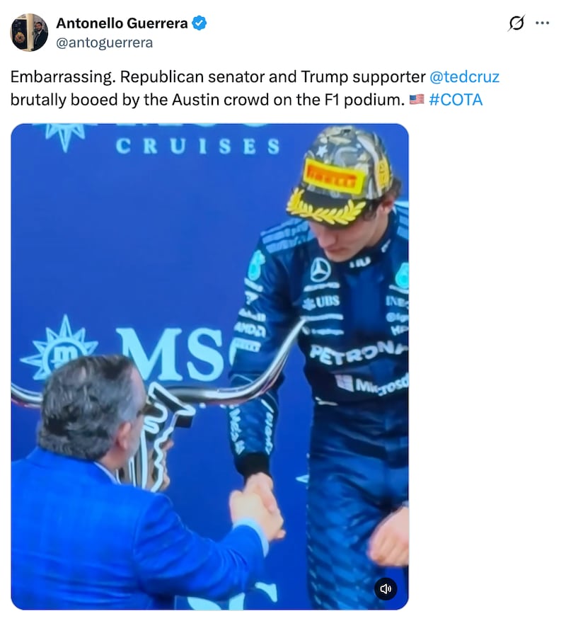 A tweet from user Antonella Guerrera reading "Embarassing. Republican senator and Trump supporter @tedcruz brutally booed by the Austin crowd on the F1 podium."