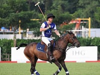 Prince Harry, The Duke of Sussex, Co-Founding Patron of Sentebale plays polo during the Sentebale ISPS Handa Polo Cup on August 12, 2023 in Singapore.