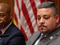 Mayor Eric Adams and New York City Police Commissioner Edward Caban attend a news conference at 1 Police Plaza in New York City.