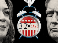 Kamala Harris and Donald Trump with a clock counting down to Election Day