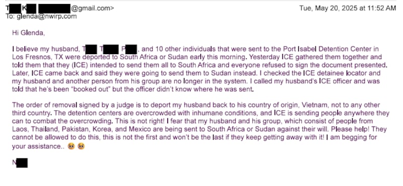 The text of an email sent by the spouse of a Vietnamese migrant deported to South Sudan.