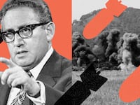 A diptych of Henry Kissinger and fields exploding. Bombs are layered over both.