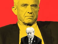 A photo illustration of Robert F. Kennedy Jr. looming over Donald Trump