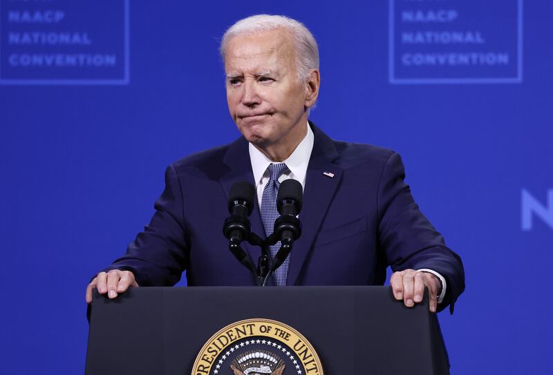 LAS VEGAS, NEVADA - JULY 16: U.S. President Joe Biden speaks at the 115th NAACP National Convention at the Mandalay Bay Convention Center on July 16, 2024 in Las Vegas, Nevada. Biden returned to the campaign trail, delivering remarks at the NAACP convention today, and will tomorrow at the UnidosUS Annual Conference during a visit to the battleground state of Nevada. (Photo by Mario Tama/Getty Images)
