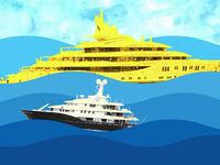 A photo illustration of a super yacht and smaller yacht in the ocean.