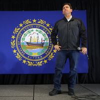 Republican presidential candidate Florida Governor Ron DeSantis listens to a question from the audience at a Never Back Down campaign town hall in Windham, New Hampshire
