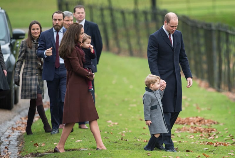 Prince William, Duke of Cambridge, Catherine, Duchess of Cambridge, Prince George of Cambridge, Princess Charlotte of Cambridge, Pippa Middleton and James Middleton attend Church on Christmas Day on December 25, 2016 in Bucklebury, Berkshire.