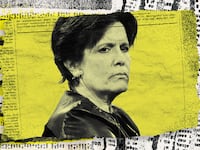 Photo illustration of Kara Swisher on a piece of ripped newspaper with yellow accents