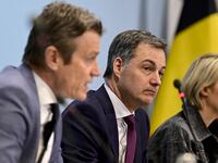 (from L) Belgium's Justice minister Paul Van Tigchelt, Prime Minister Alexander De Croo and Defence minister Ludivine Dedonder attend a press conference following the meeting of the National Security Council on March 27, 2024 in Brussels.