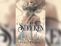 The cover for The Stricken, showing a woman with her eyes closed, overlaid with a fictional city’s skyline.