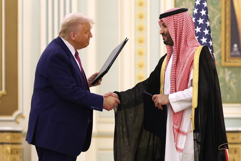 President Donald Trump and Saudi Crown Prince Mohammed bin Salman attend a signing ceremony at the Saudi Royal Court on May 13 in Riyadh, Saudi Arabia.