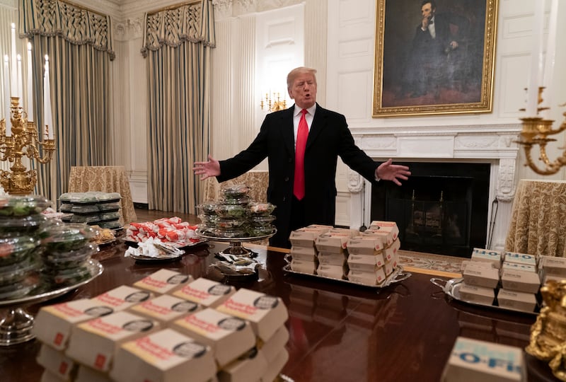 Trump presented burgers to the visiting Clemson Tigers in January 2019 after the won the college football national championship.