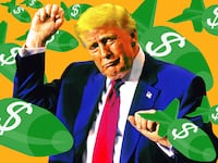 A photo illustration of Donald Trump with green bombs fall around him with dollar signs on them.