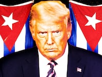 A photo illustration of Donald Trump in front of Cuban flags.