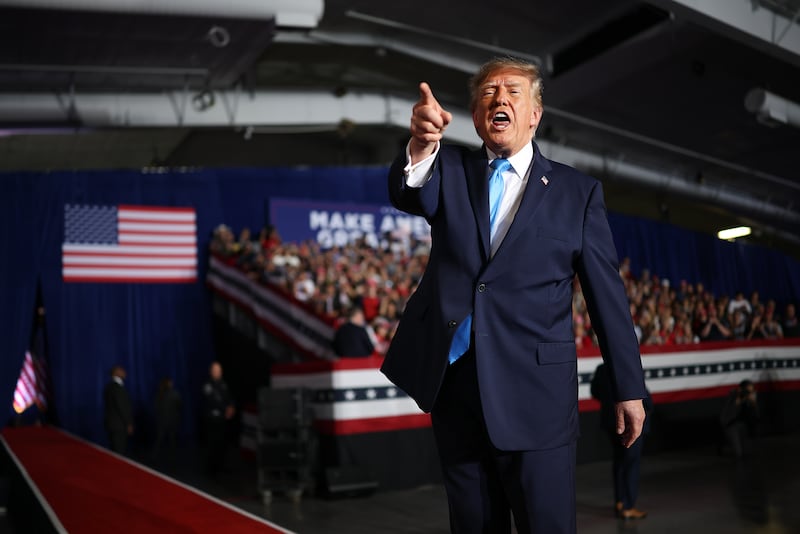 U.S. President Donald Trump wraps up an appearance at a campaign rally at Pinnacle Bank Expo Center on the Nebraska State Fairgrounds on October 05, 2026 in Grand Island, Nebraska.