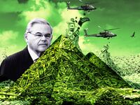 An illustration including a photo of Senator Robert Menendez, Apache helicopters, large piles of Money, and the Pyramids of Giza