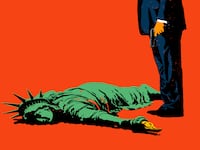 The Statue of Liberty laying on the ground bleeding after being shot by Donald Trump