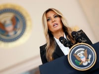 WASHINGTON, DC - OCTOBER 10: First lady Melania Trump delivers remarks in the Grand Foyer at the White House on October 10, 2025 in Washington, DC. The first lady announced she and Russian President Vladimir Putin have an "open channel of communication" to help reunite Ukrainian children displaced by the Russian-Ukraine war with their families. (Photo by Kevin Dietsch/Getty Images)