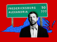 A photo illustration of GOP candidate Derrick Anderson, a map of Virginia, and a road sign showing the distance between Fredicksburg, Alexandria, and Washington, DC.