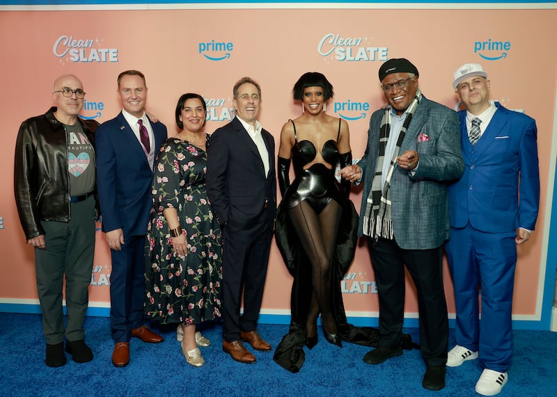 Paul Hilepo, Brent Miller, Simran Baidwan, Jerry Seinfeld, Laverne Cox, George Wallace, and Dan Ewen attend the "Clean Slate" red carpet special screening in New York at Crosby Street Hotel in January.