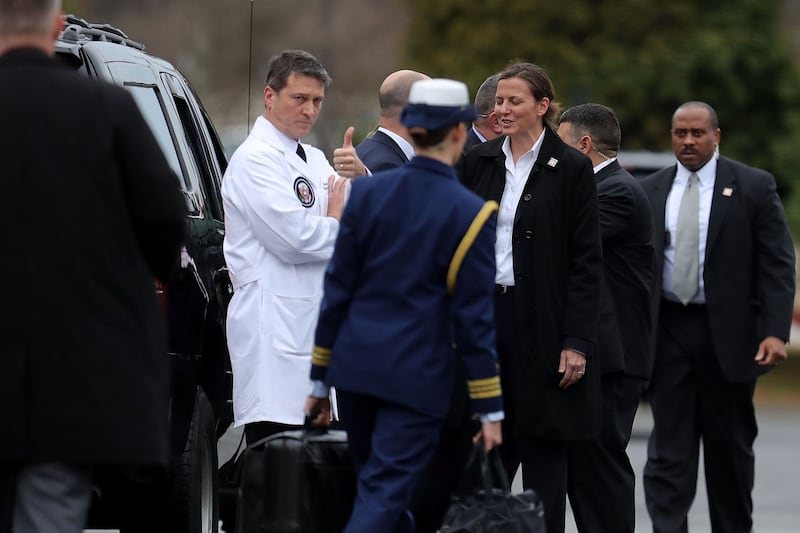 BETHESDA, MD - JANUARY 12: (AFP OUT) Physician to the President Ronny Jackson gives a thumbs up after U.S. President Donald Trump leaves Walter Reed National Military Medical Center following his annual physical examination January 12, 2018 in Bethesda, Maryland. Trump will next travel to Florida to spend the Dr. Martin Luther King Jr. Day holiday weekend at his Mar-a-Lago resort. (Photo by Chip Somodevilla/Getty Images)