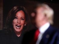 Republican presidential nominee, former U.S. President Donald Trump, watches a video of Vice President Kamala Harris during a campaign rally at The Expo at World Market Center Las Vegas on September 13, 2024 in Las Vegas, Nevada.