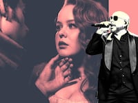 A photo illustration of Nicola Coughlan and Luke Newton with Pitbull