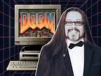 A photo composite of DOOM creator John Romero with a computer screen with DOOM video game scene.